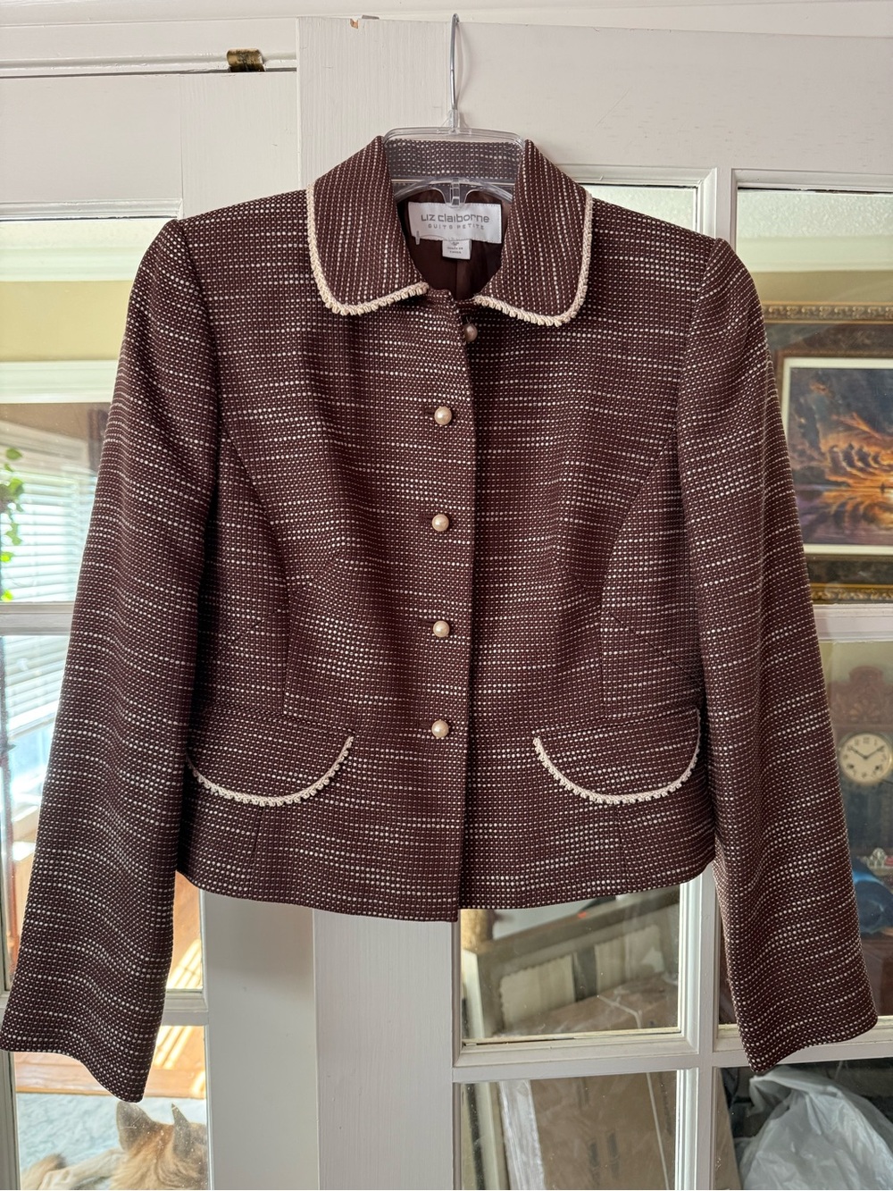 Liz Claiborne Brown Tweed Jacket with Cream Trim